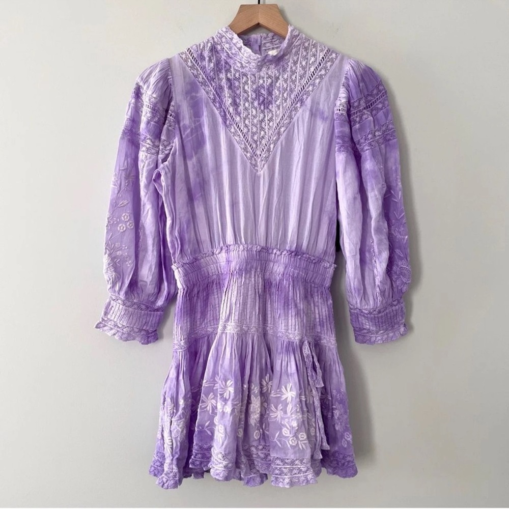 LOVESHACKFANCY Purple Tie-Dye Viola Mini Dress Ruffles Embroidery Cottagecore - Picture 6 of 14